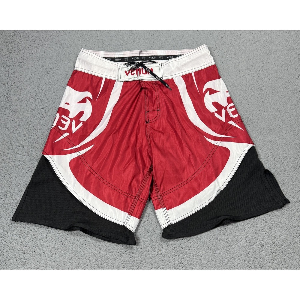 Venum Fight Shorts Mens Medium Red White MMA Grappling 8 Inseam Hook Loop